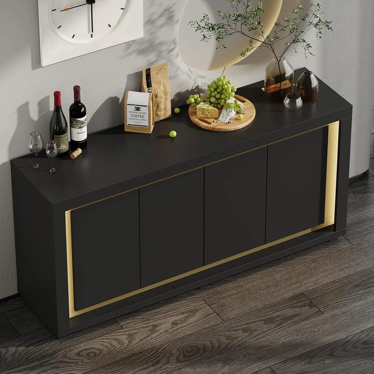 ONBRILL Modern Storage Cabinet With Power Outlets And LED Light