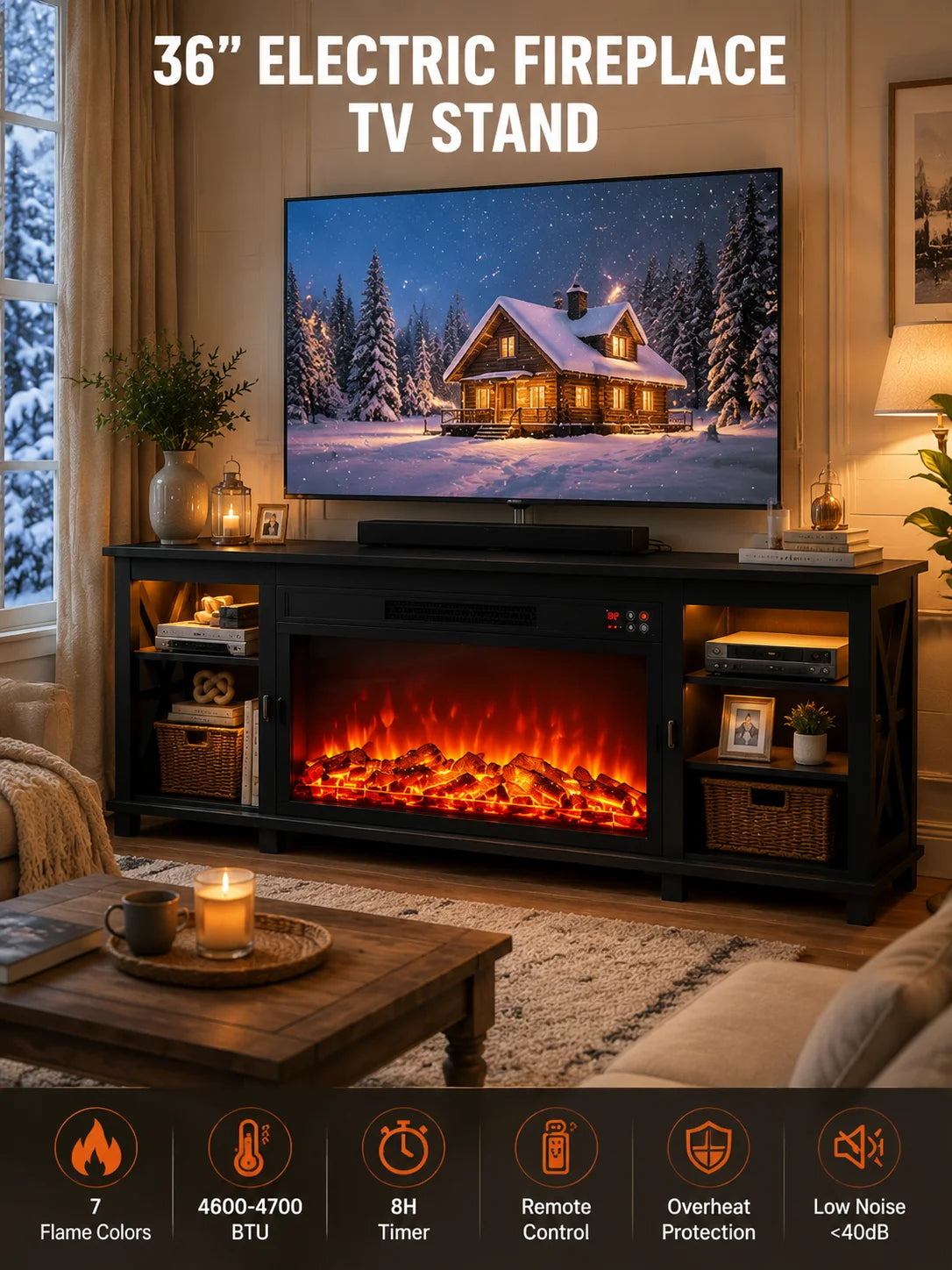 Farmhouse Electric Fireplace TV Stand With Remote Control And Heating