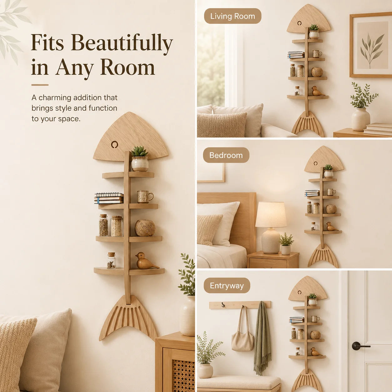 Floating Wooden Fish Skeleton Wall Shelf For Home Decor Display