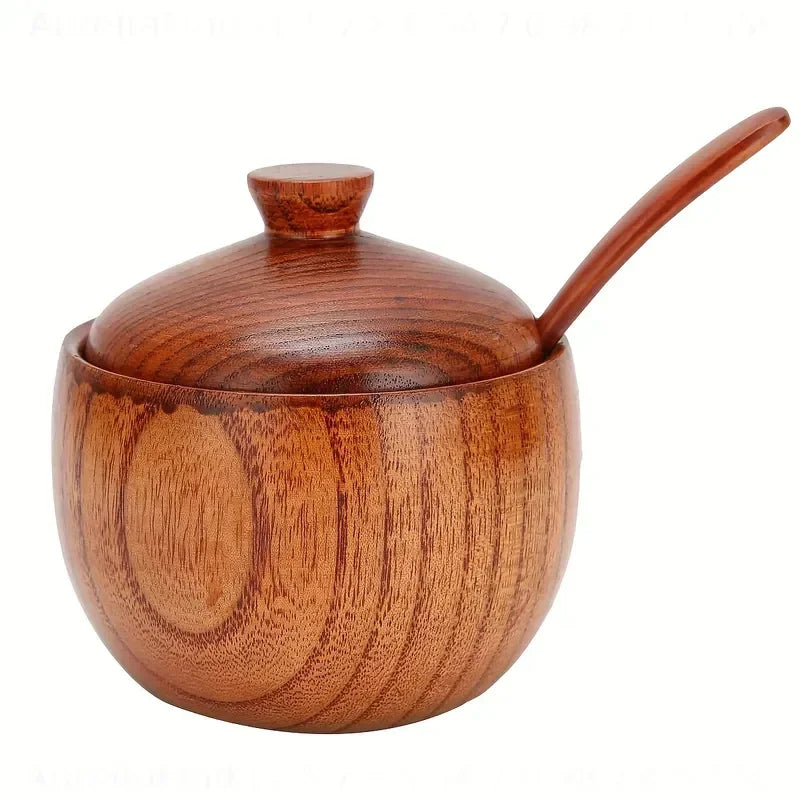 Jujube Wood Seasoning Box With Spoon And Lid Kitchen Storage