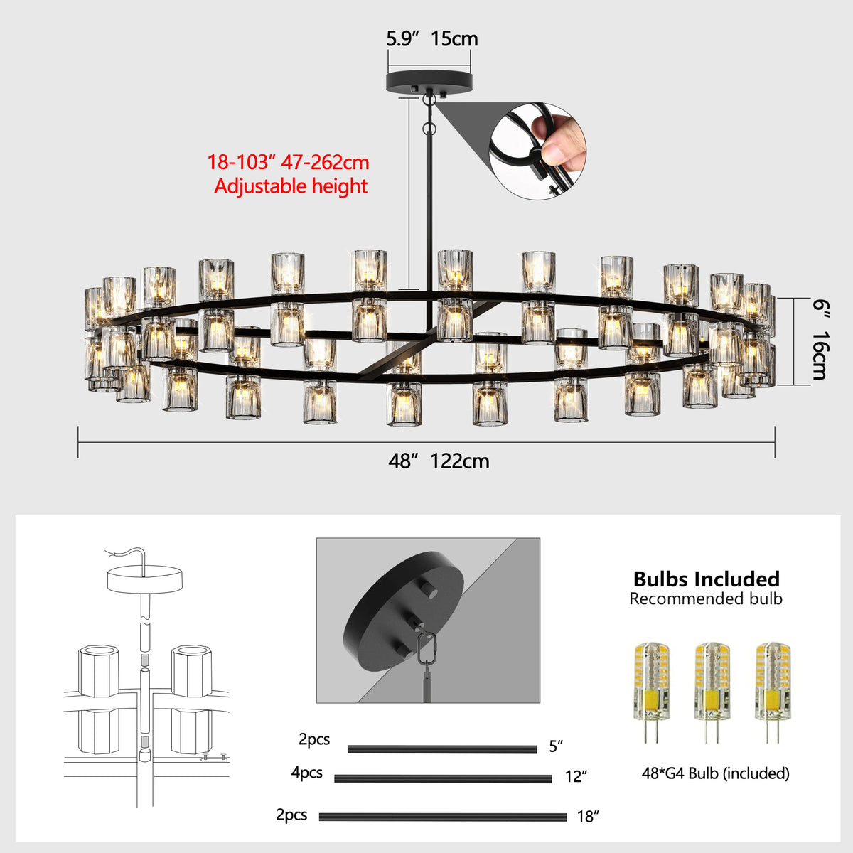 Zhikea Modern Crystal Chandelier Pendant Ceiling Light