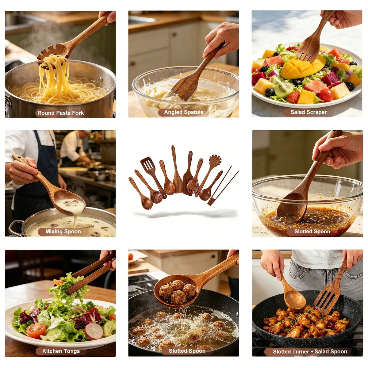 Teak Wood Cooking Utensil Set For Nonstick Cookware