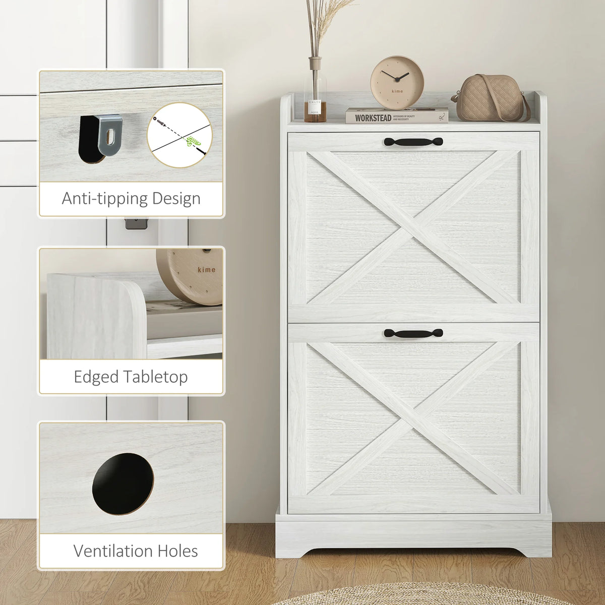 Farmhouse Slim Shoe Cabinet With Flip Drawers And Adjustable Shelves
