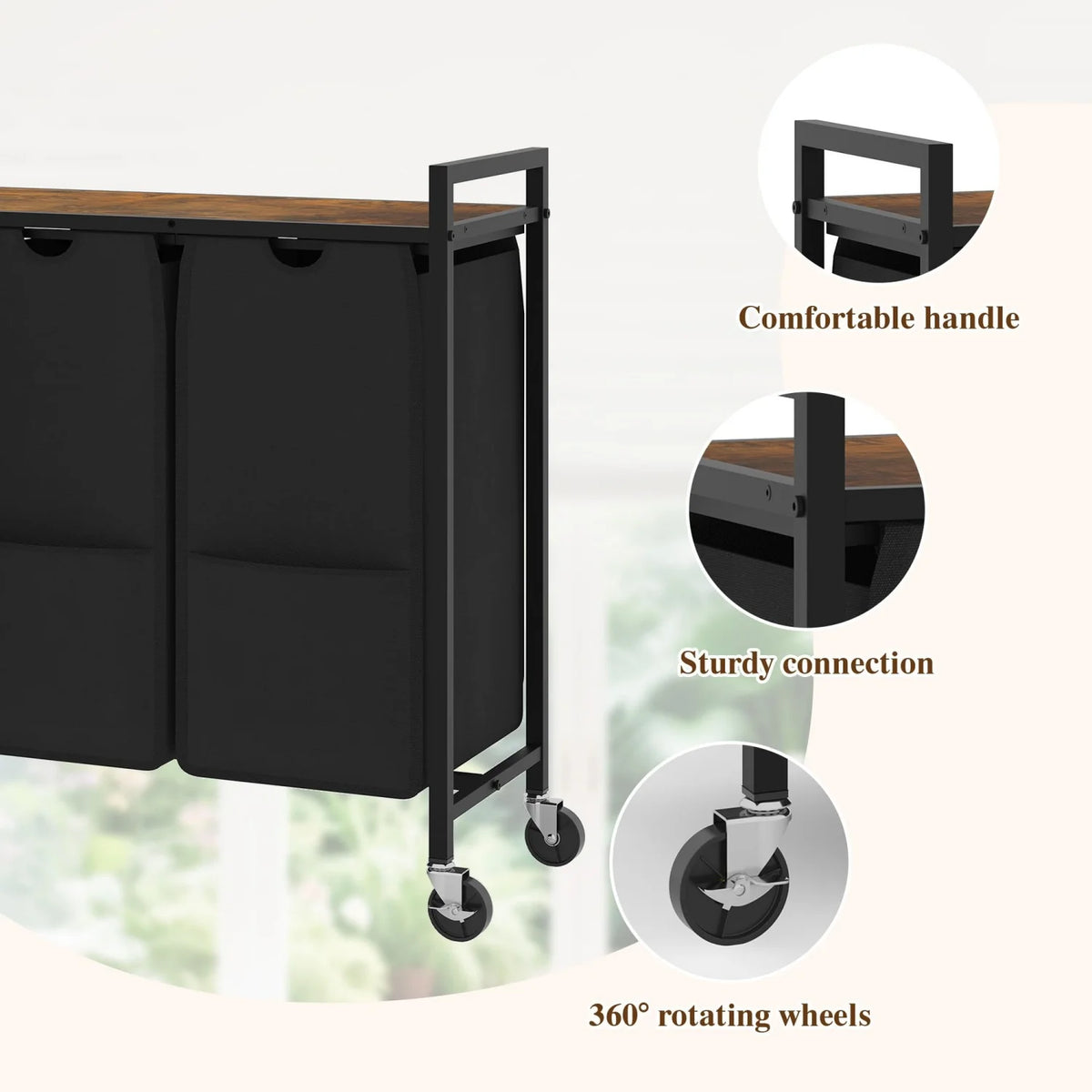 HiMISS Rolling Laundry Hamper With Shelf And Three Removable Bags