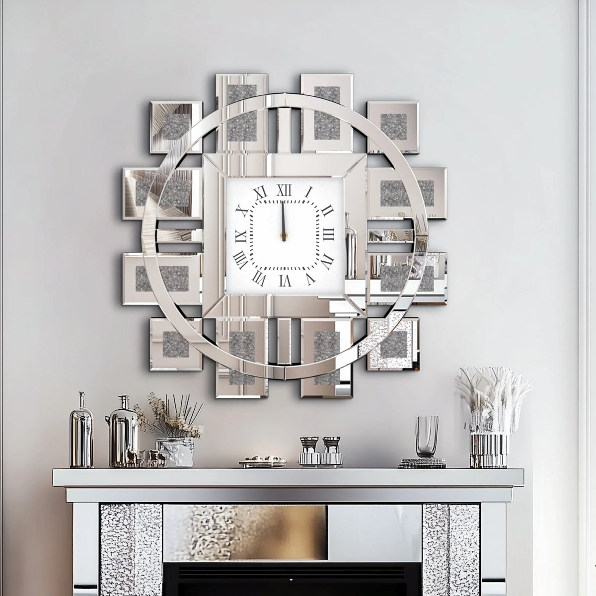 Round Wall Clock With Crushed Diamond Decor Beveled Mirror Frame