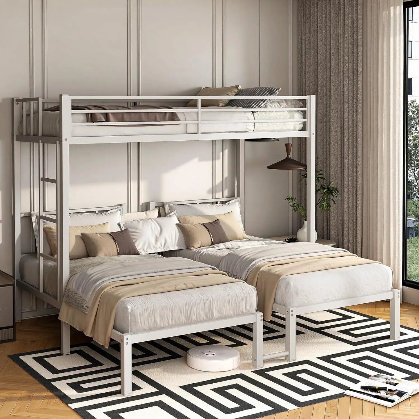 Heavy Duty Metal Triple Bunk Bed With Integrated Safety Guardrails