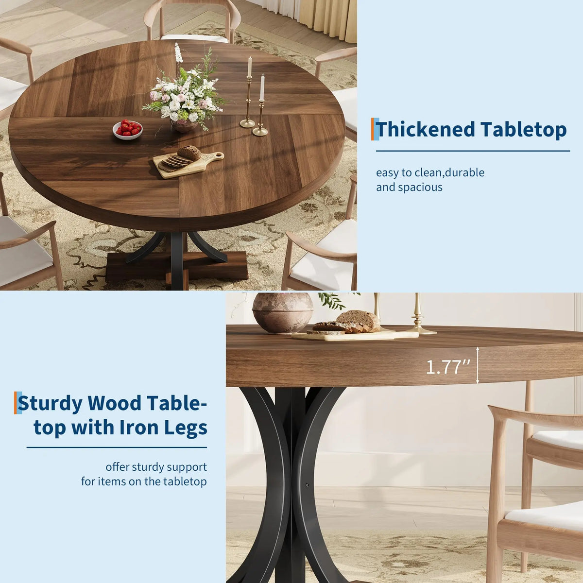HiMISS Farmhouse Round Dining Table With Metal Pedestal Base