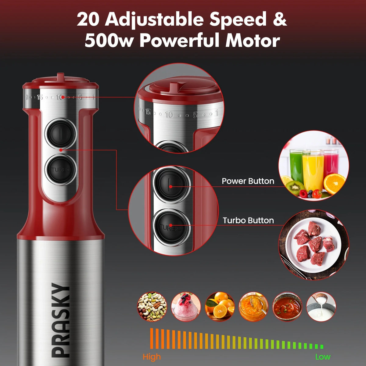Prasky Handheld Immersion Blender With Whisk And Meat Chopper