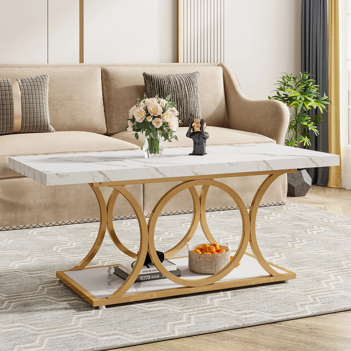 Tribesigns Modern Rectangle Coffee Table With Two Tier Shelves