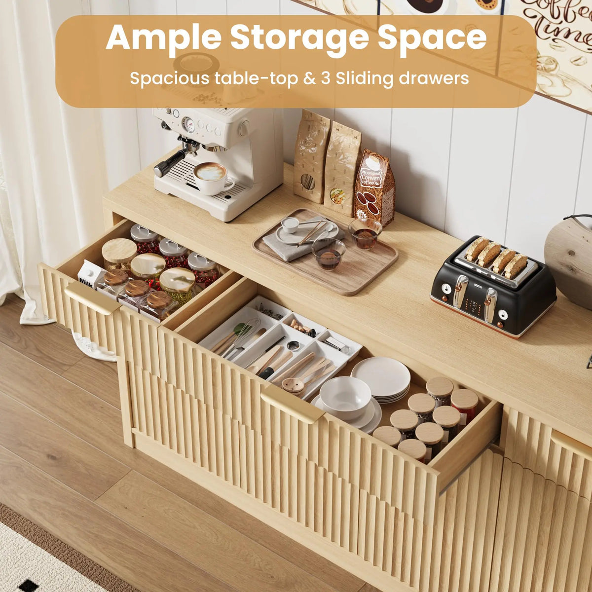 HiMISS Fluted Sideboard Cabinet With Drawers And Adjustable Shelves