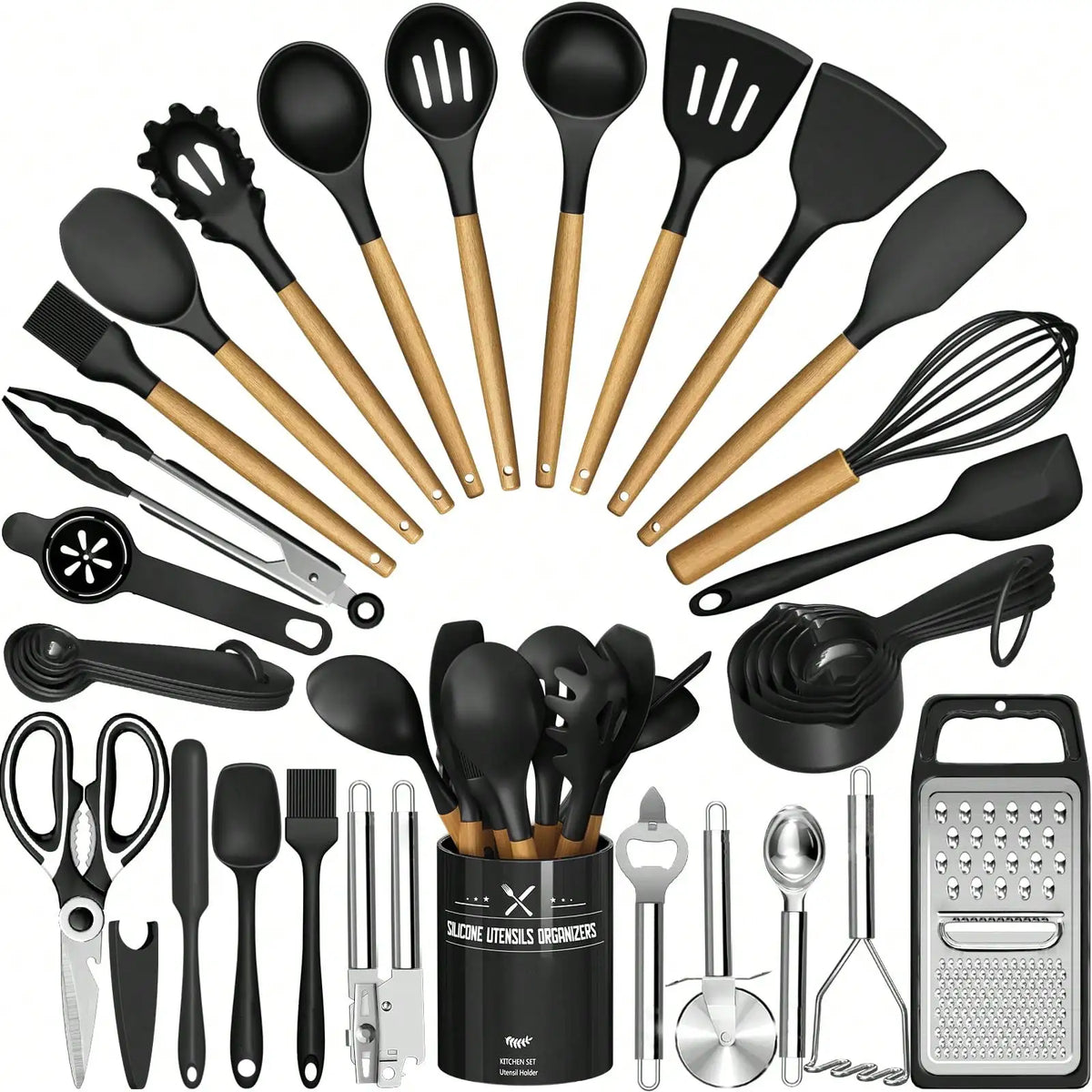 Heat Resistant Silicone Kitchen Utensils Set With Wooden Handles