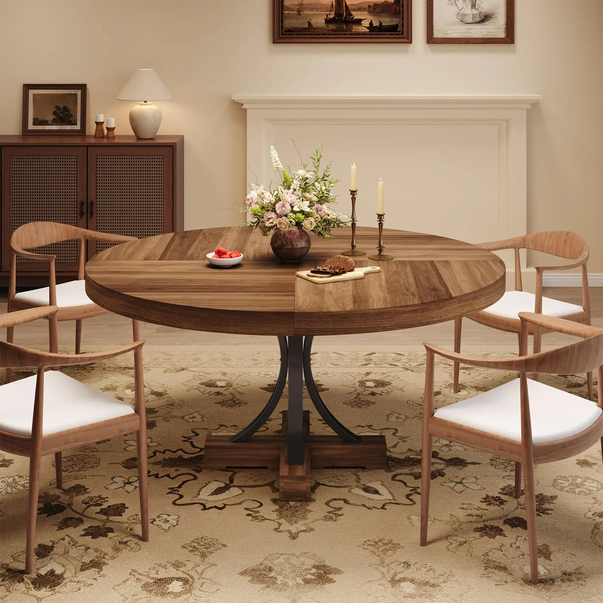 HiMISS Farmhouse Round Dining Table With Metal Pedestal Base