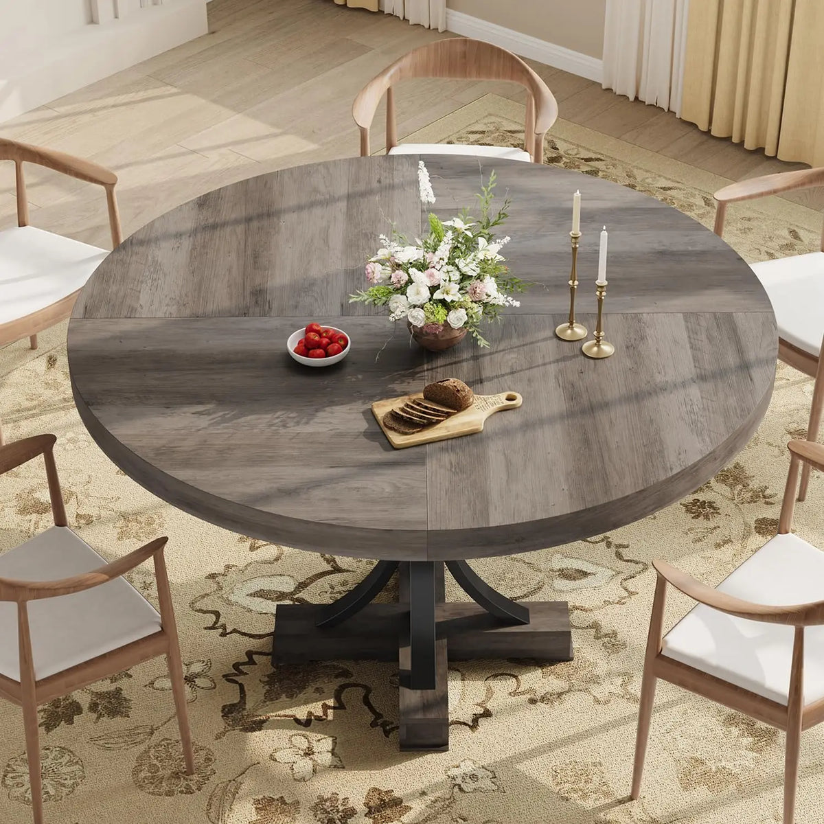 HiMISS Farmhouse Round Dining Table With Metal Pedestal Base