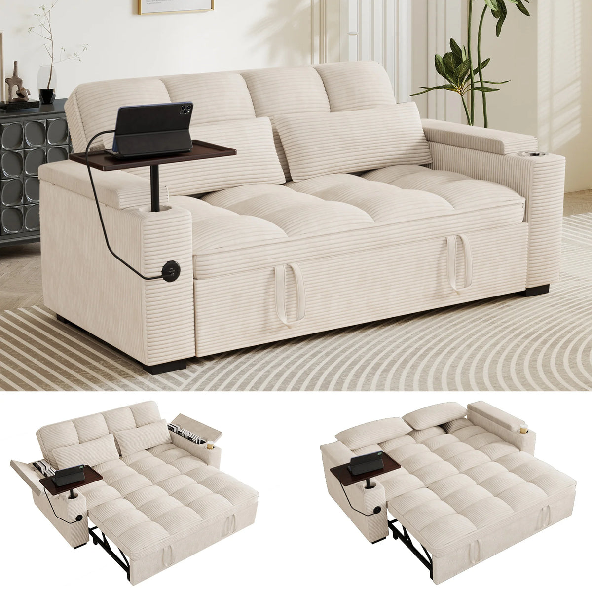 Foldable Convertible Sofa Bed With Integrated Usb Charging Ports