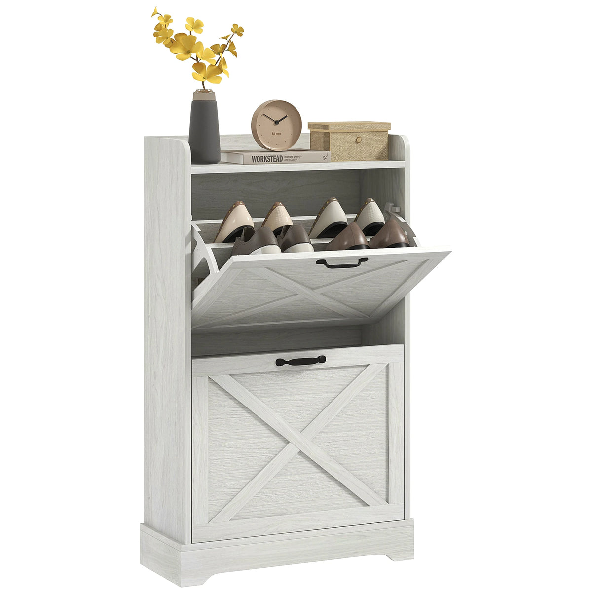 Farmhouse Slim Shoe Cabinet With Flip Drawers And Adjustable Shelves
