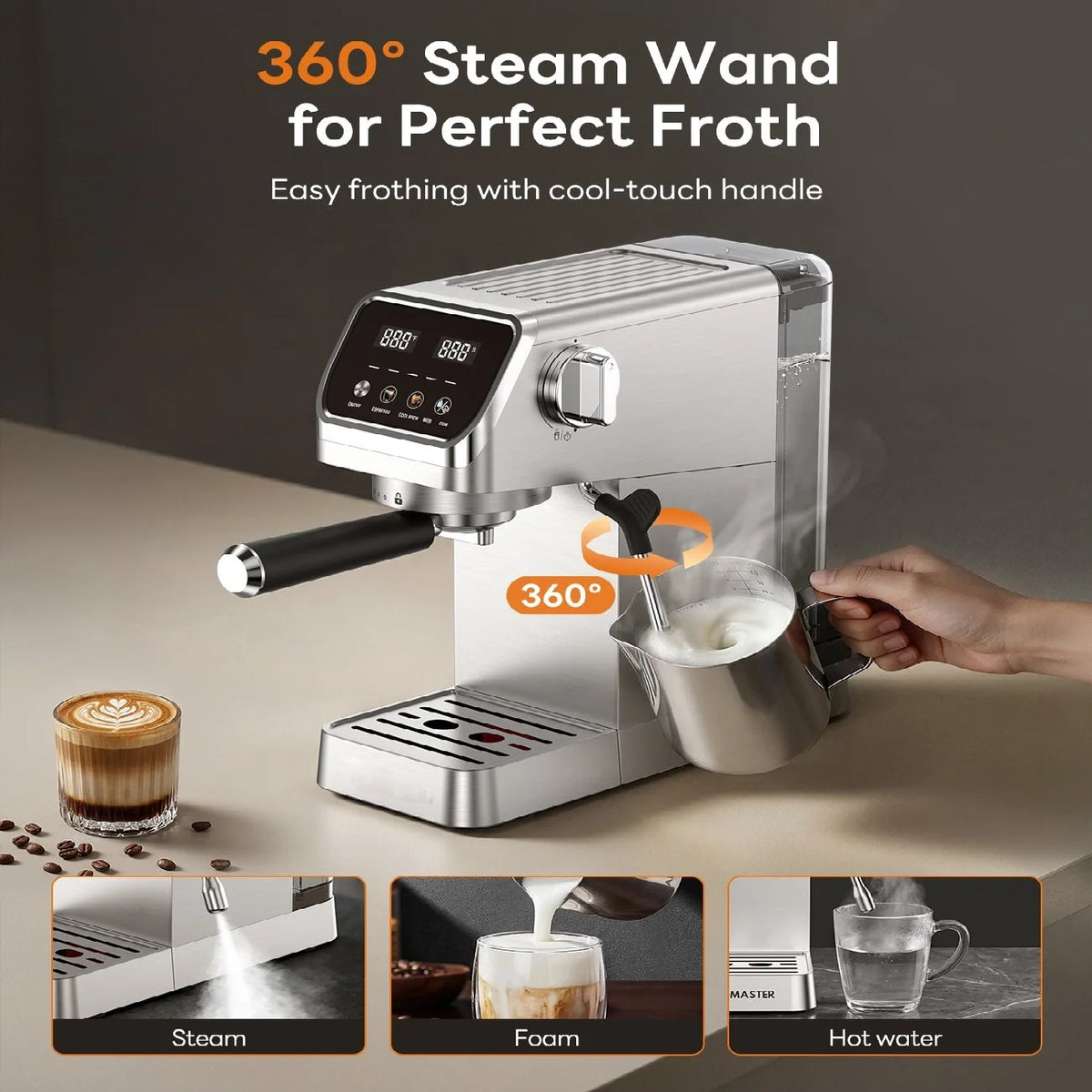 Stainless Steel 20 Bar Espresso Maker With Touchscreen Milk Frother