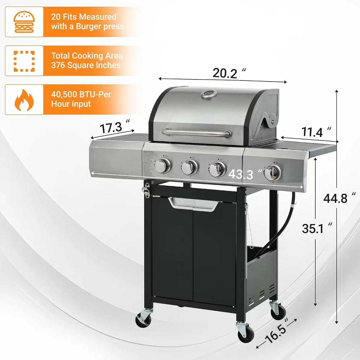 Three Burner Propane Gas Grill With Stainless Steel Side Burner And Wheels