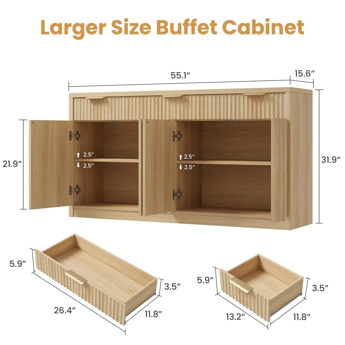 HiMISS Fluted Sideboard Cabinet With Drawers And Adjustable Shelves