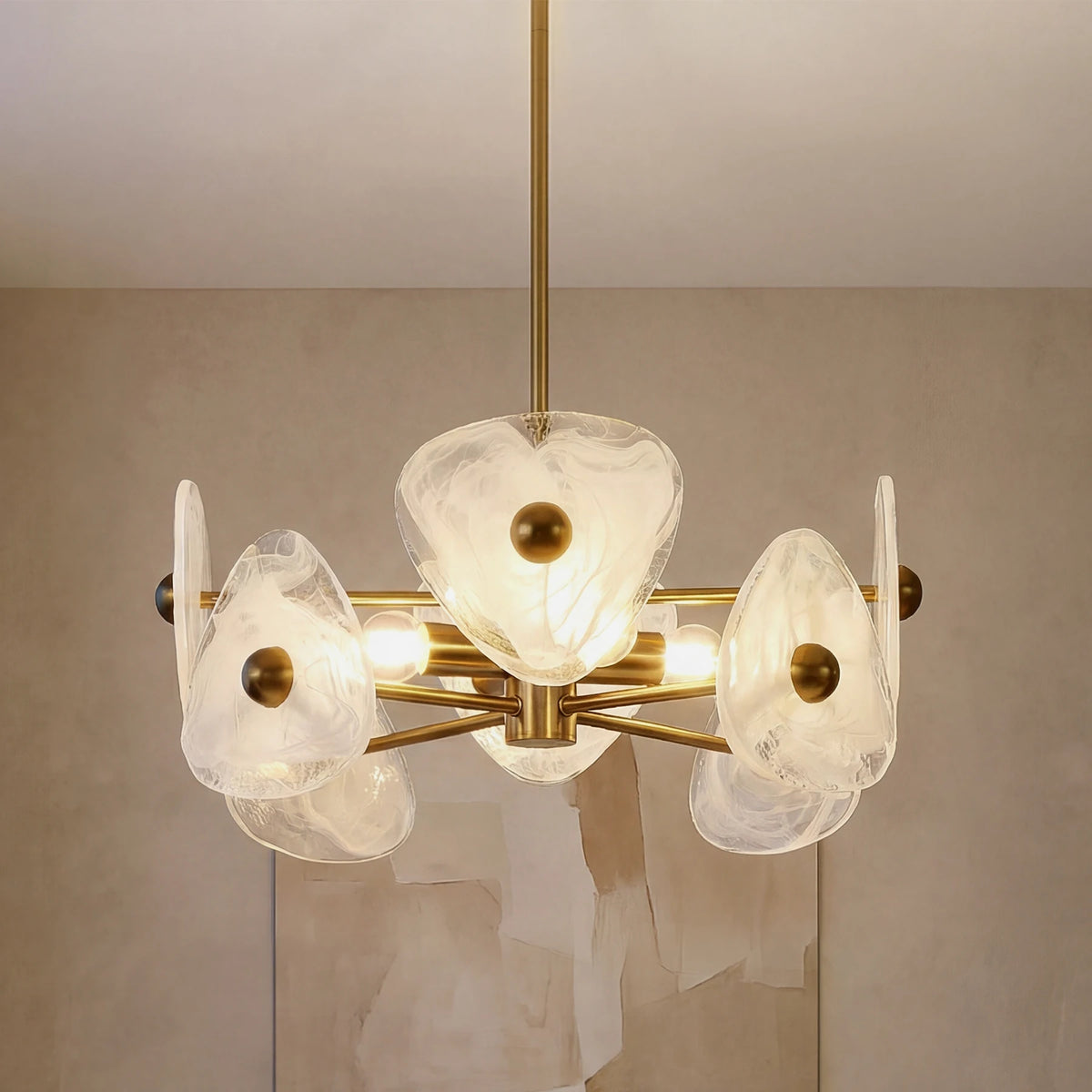 Modern Gold Glass Chandelier Four Light Adjustable Dining Pendant