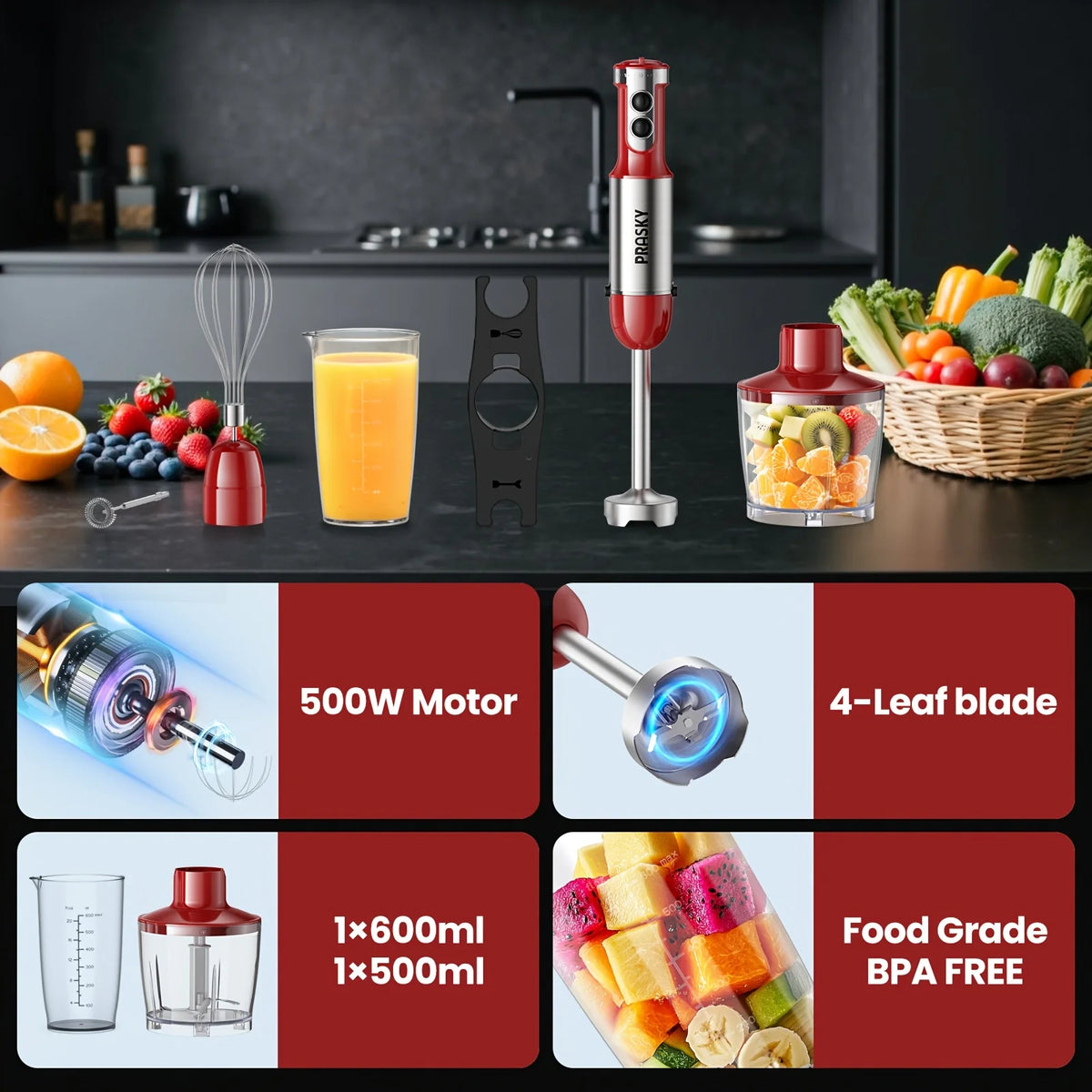 Prasky Handheld Immersion Blender With Whisk And Meat Chopper