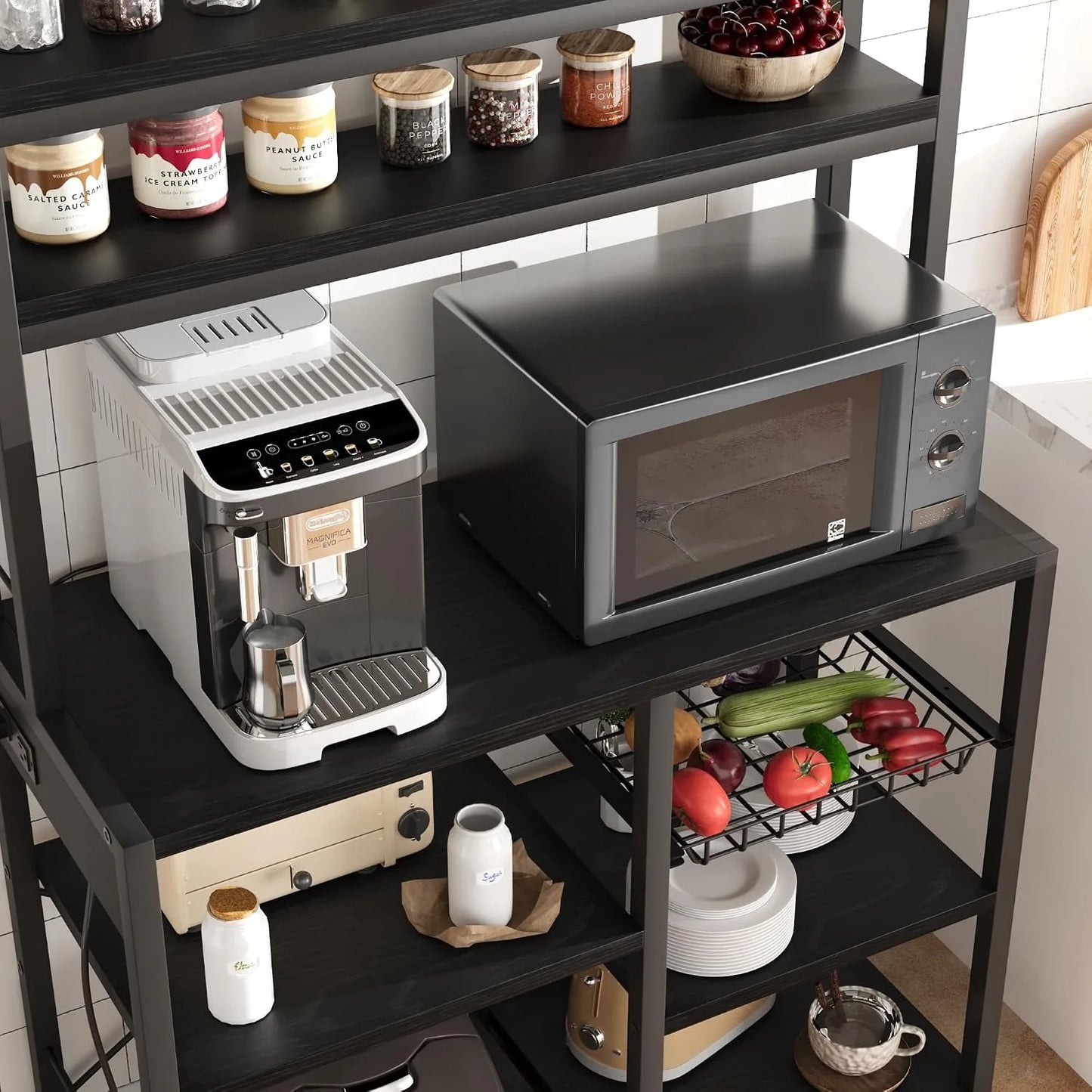 Freestanding Kitchen Baker Rack With Power Outlet And Storage Shelf