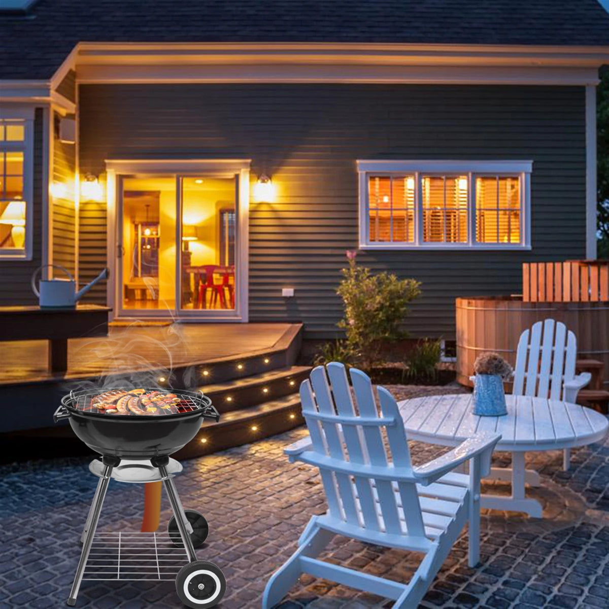 Compact Portable Charcoal Grill With Thermometer And Wooden Handle