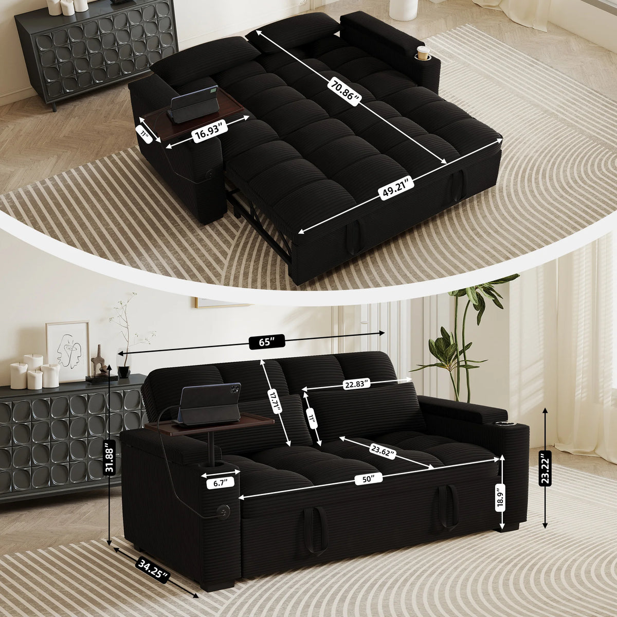 Folding Convertible Sofa Bed With Swivel Table And Usb Charging