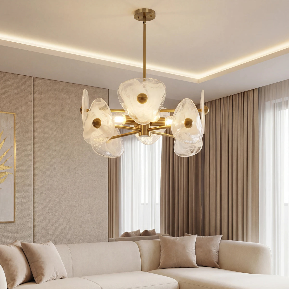 Modern Gold Glass Chandelier Four Light Adjustable Dining Pendant