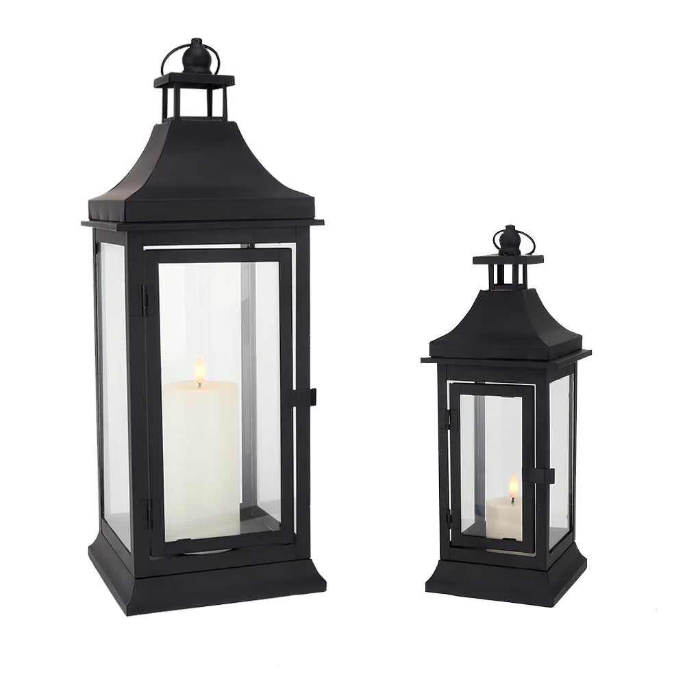 Set of 2 13''&19.5''Tall Outdoor Candle Lanterns Vintage Hanging Tower Lantern Metal Candle Holder