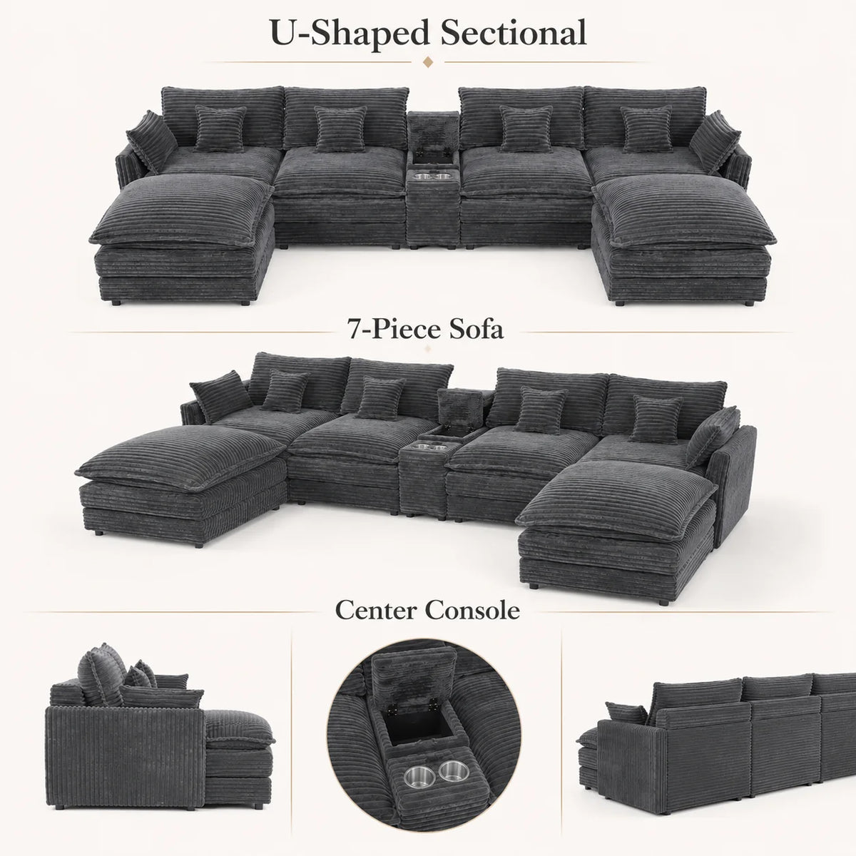Seven Piece Modular Sofa With Console Coffee Table And Pillows