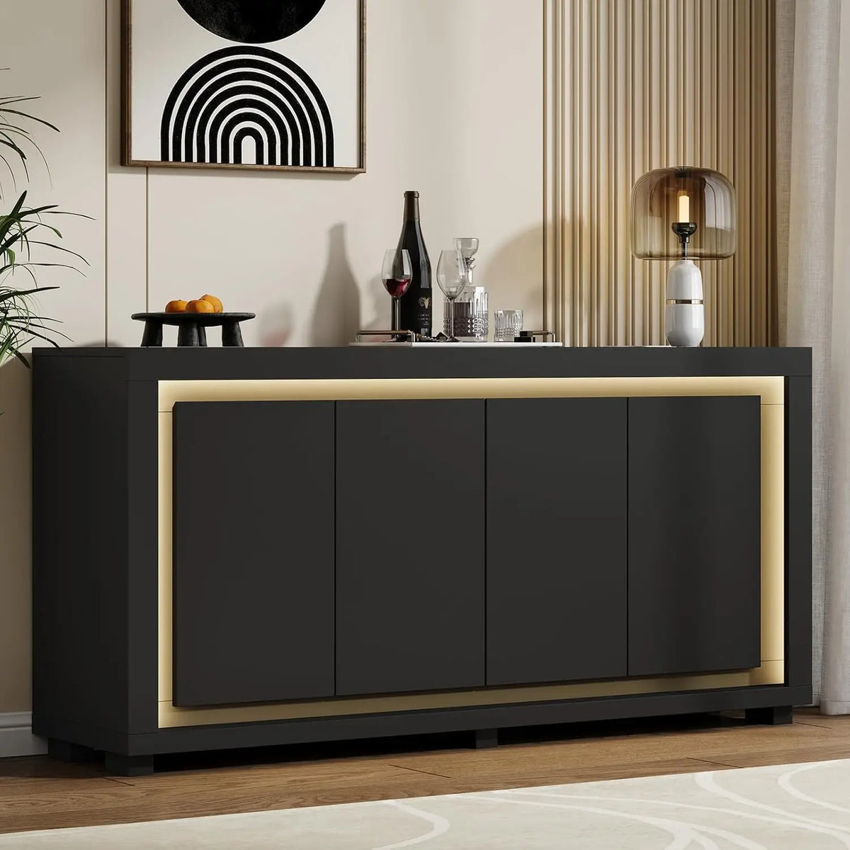 ONBRILL Modern Storage Cabinet With Power Outlets And LED Light