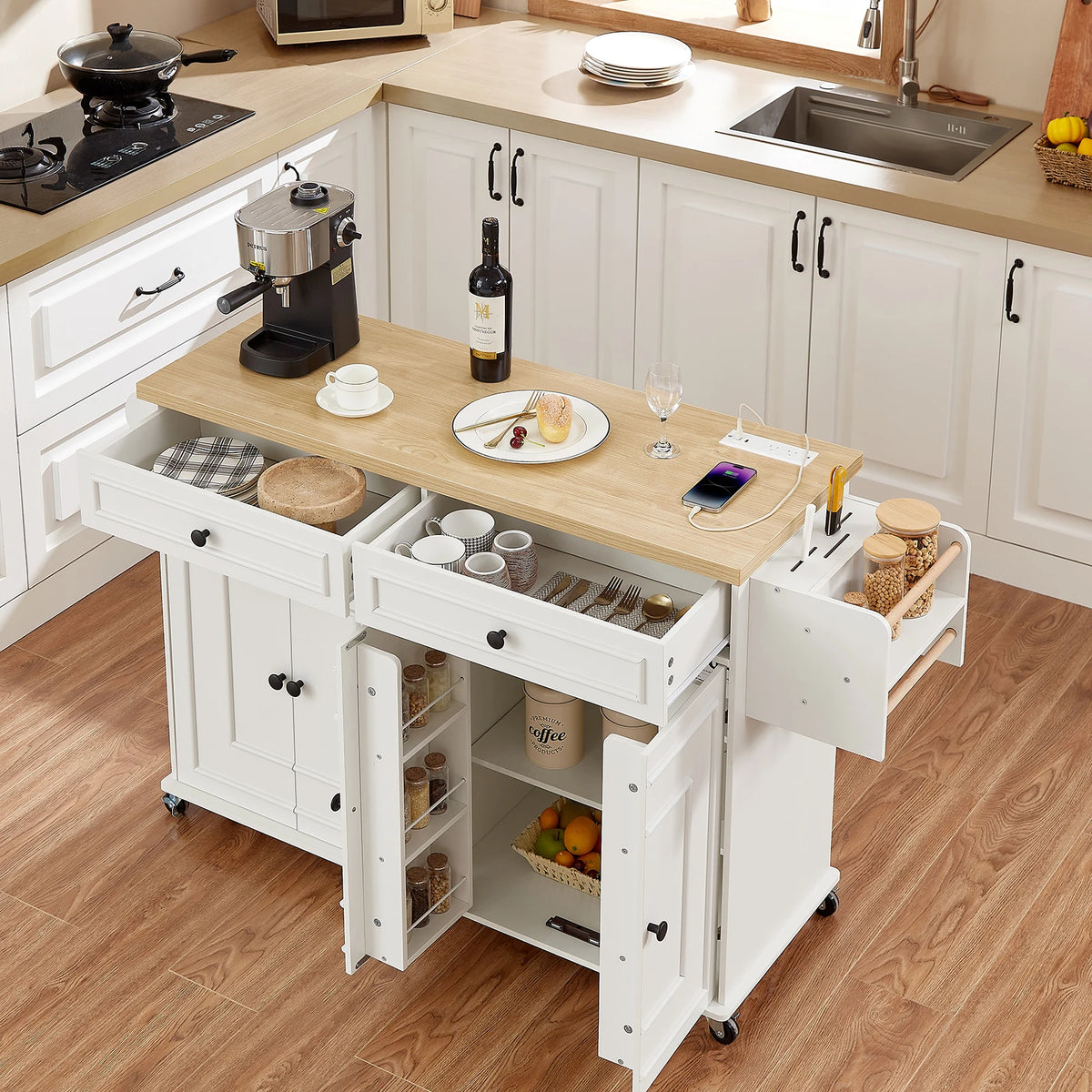 Mobile Kitchen Island Cart With Drop Leaf And Power Outlet