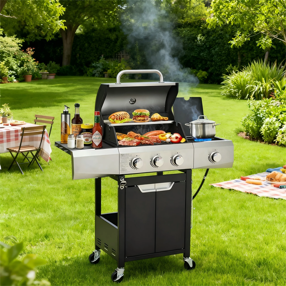 Three Burner Propane Gas Grill With Stainless Steel Side Burner And Wheels