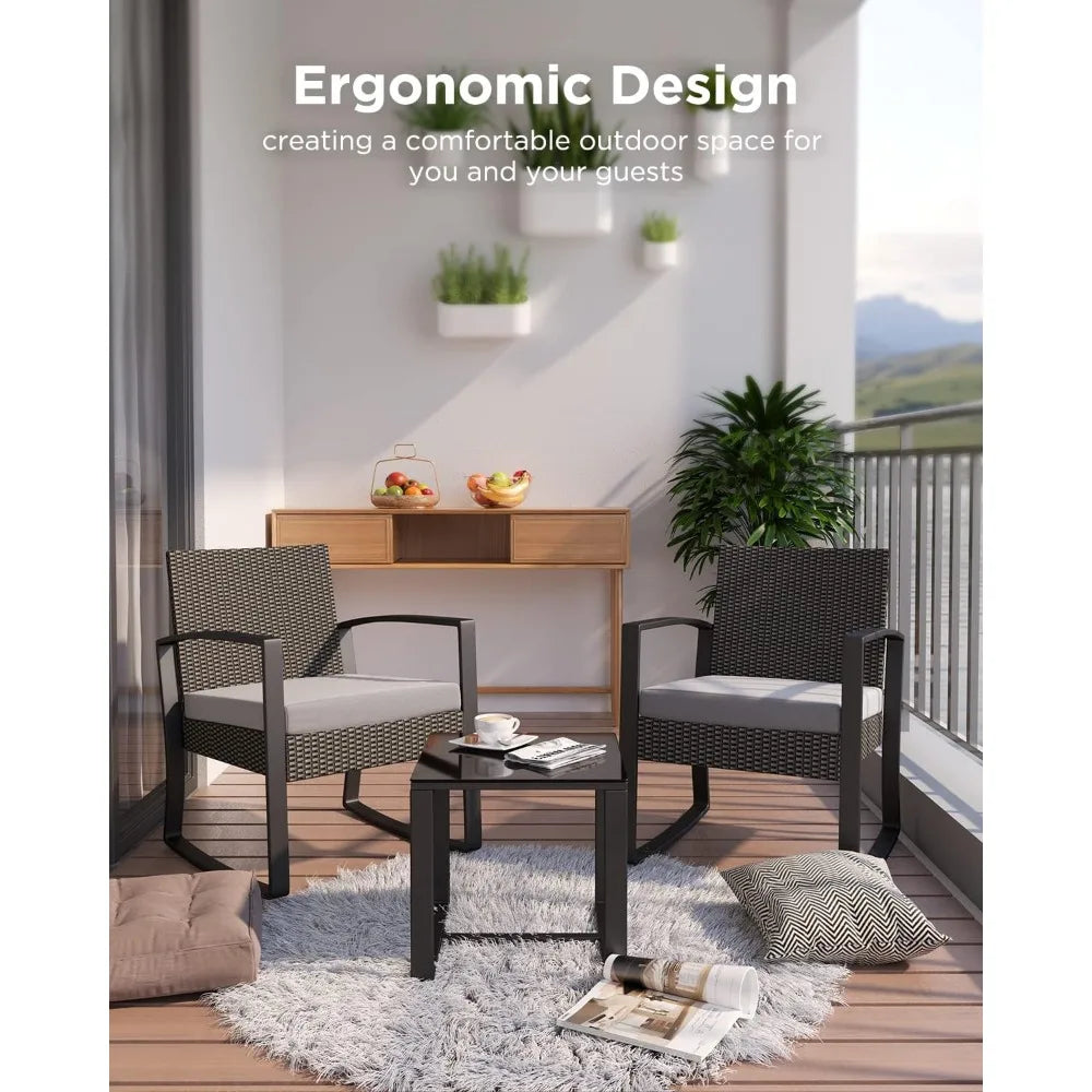 3 Piece Outdoor Rattan Rocking Bistro Set With Coffee Table