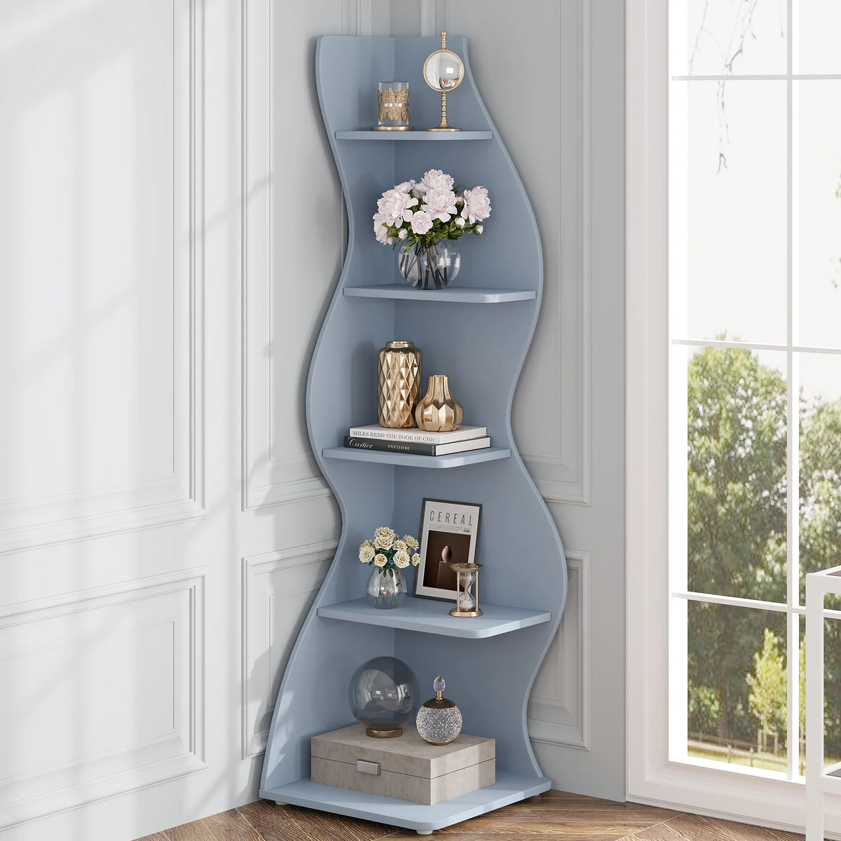 Tribesigns Modern Corner Wall Bookshelf Wooden Storage Rack