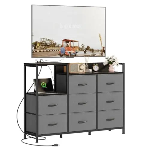 JHK Modern TV Stand With Fabric Drawers And Charging Station