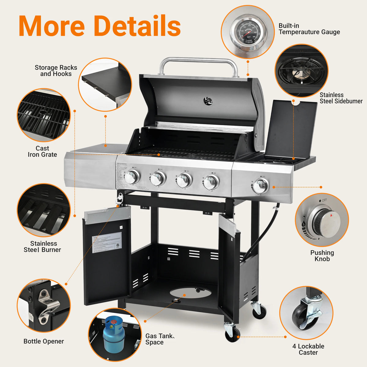 Four Burner Stainless Steel Propane Gas Grill With Side Burner