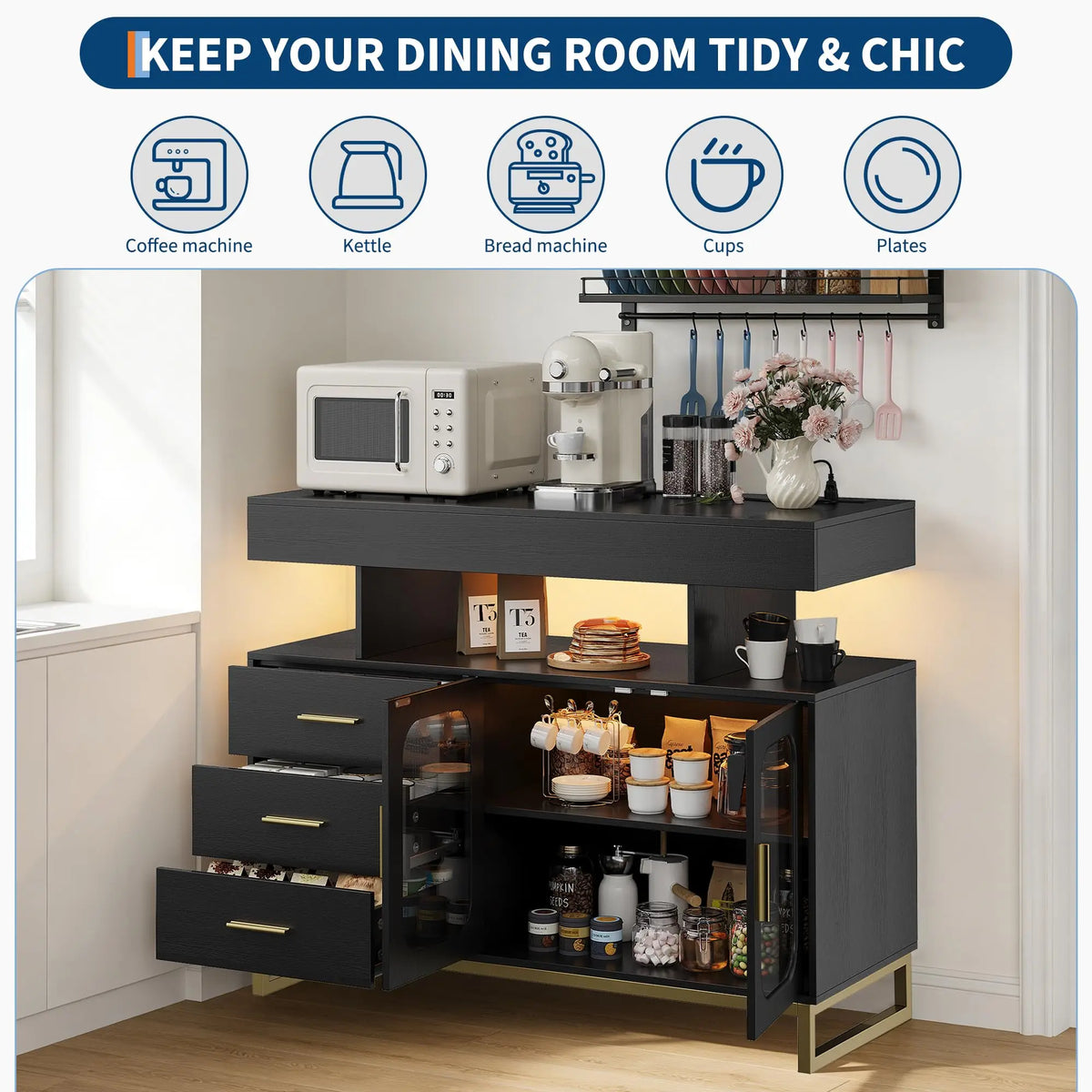 HiMISS Modern Sideboard Buffet Cabinet With LED Lights And Storage