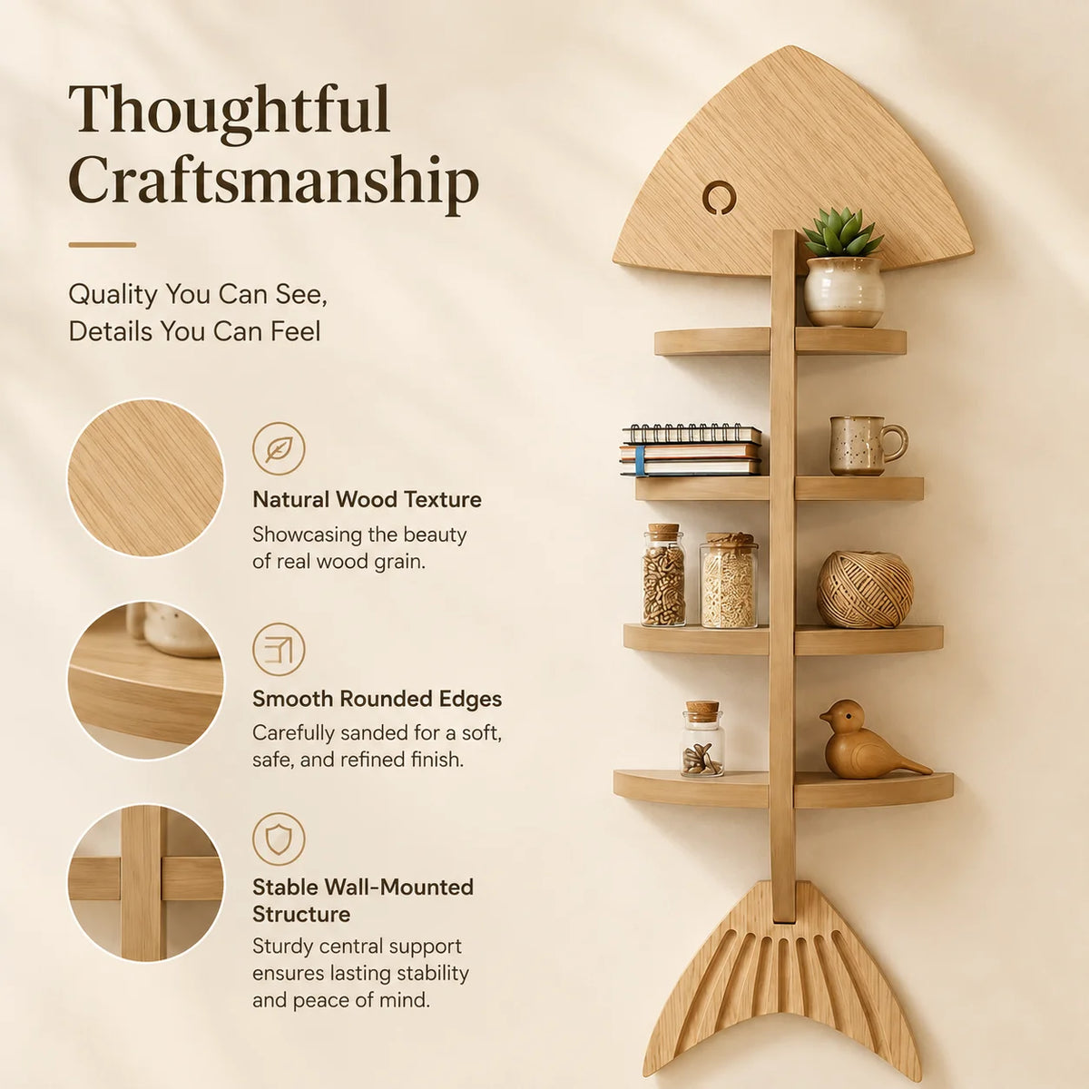 Floating Wooden Fish Skeleton Wall Shelf For Home Decor Display