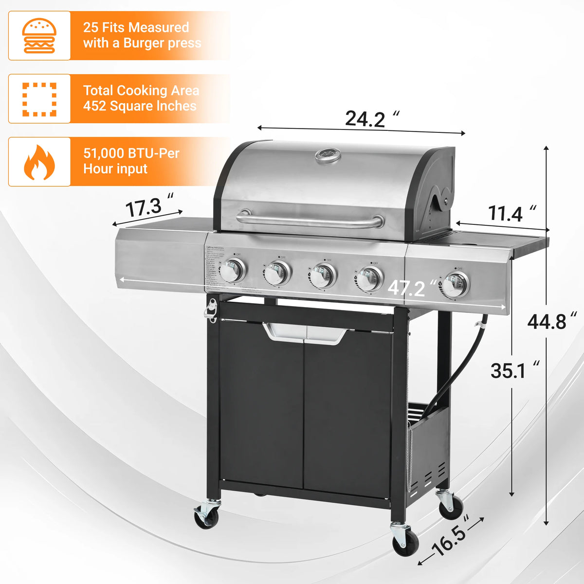 Four Burner Stainless Steel Propane Gas Grill With Side Burner