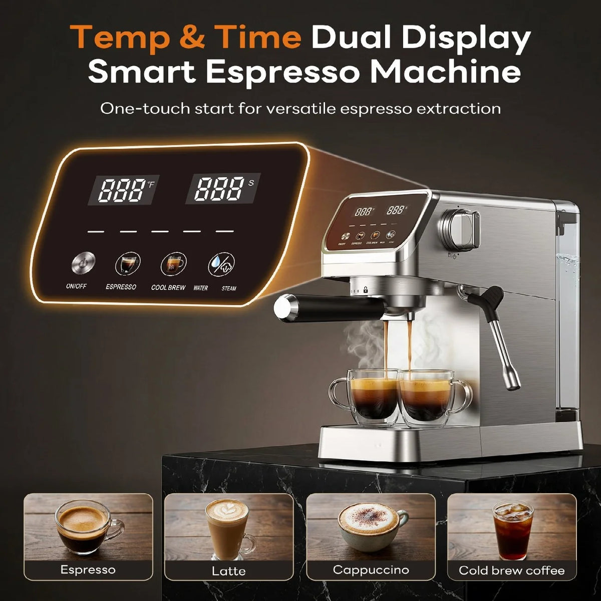Stainless Steel 20 Bar Espresso Maker With Touchscreen Milk Frother