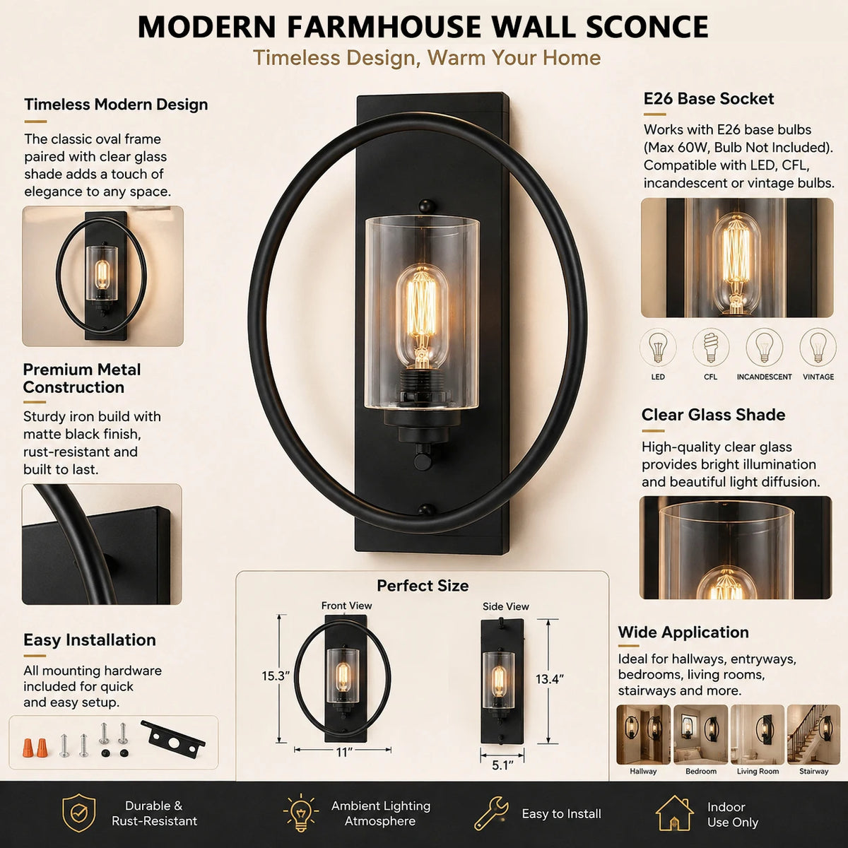 Modern Outdoor Wall Sconces, Dimmable Iron Lighting For Home