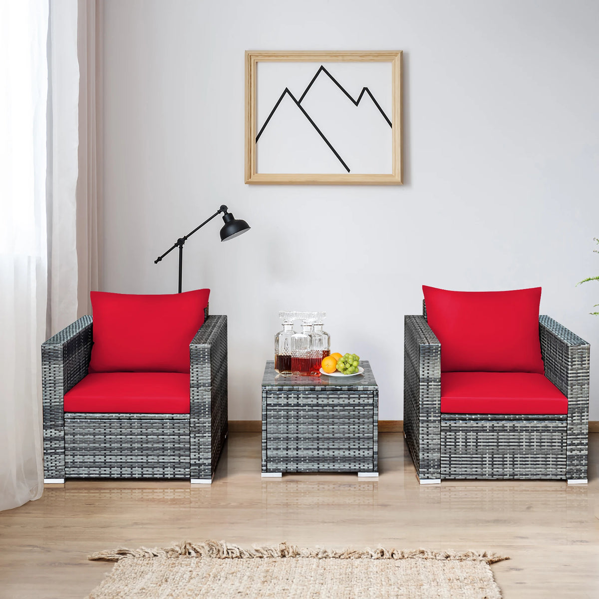 HOMASIS Outdoor Rattan Bistro Sofa Chair Table Cushioned Set