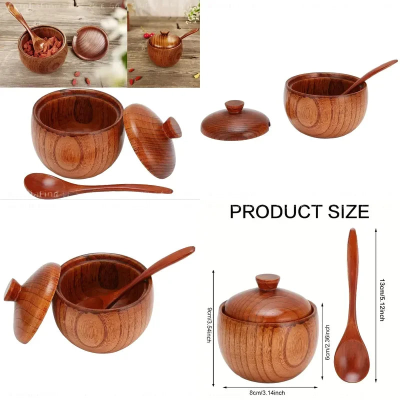 Jujube Wood Seasoning Box With Spoon And Lid Kitchen Storage