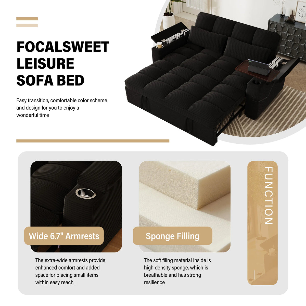 Contemporary Convertible Sofa Bed With Swivel Side Table And Usb