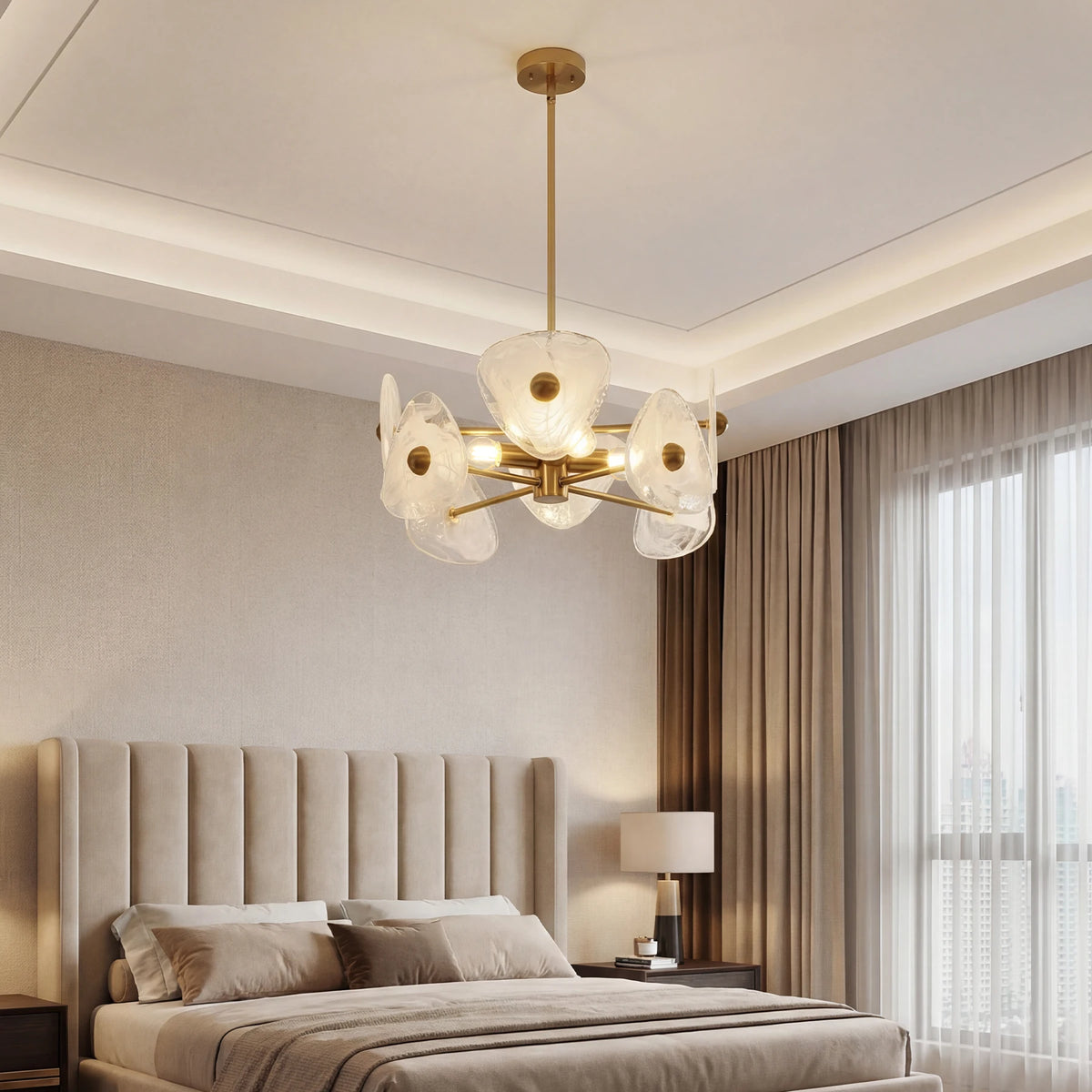 Modern Gold Glass Chandelier Four Light Adjustable Dining Pendant