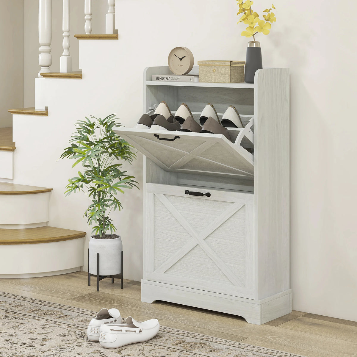 Farmhouse Slim Shoe Cabinet With Flip Drawers And Adjustable Shelves