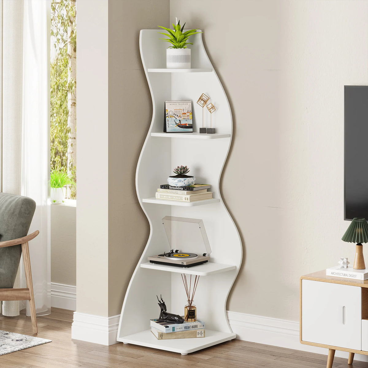 Tribesigns Modern Five Tier Wooden Corner Bookshelf
