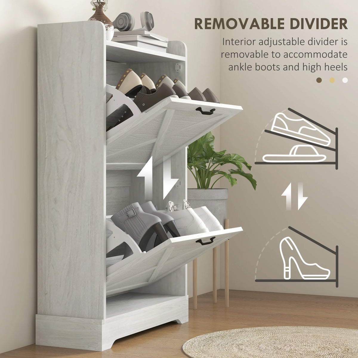 Farmhouse Slim Shoe Cabinet With Flip Drawers And Adjustable Shelves