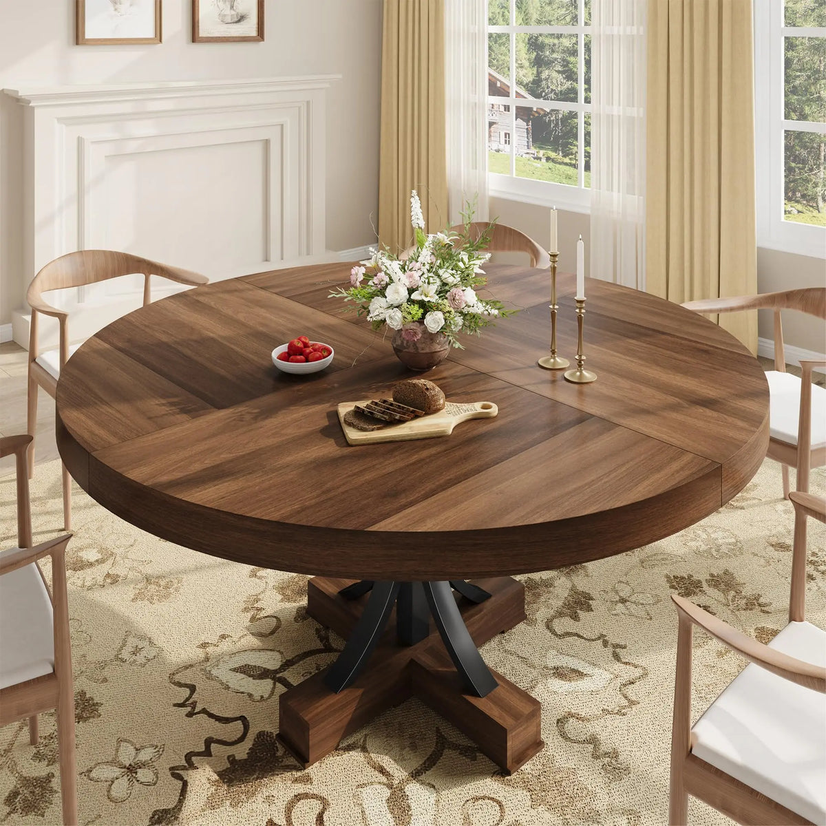 HiMISS Farmhouse Round Dining Table With Metal Pedestal Base